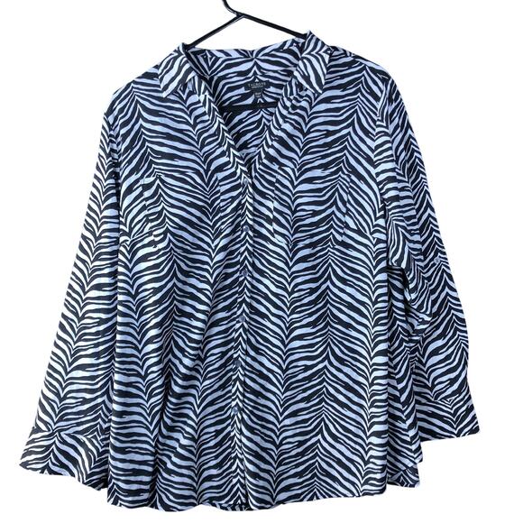 Talbots Womens Blouse Black White Zebra Button Down Long Sleeve Collared 16WP - Picture 1 of 12